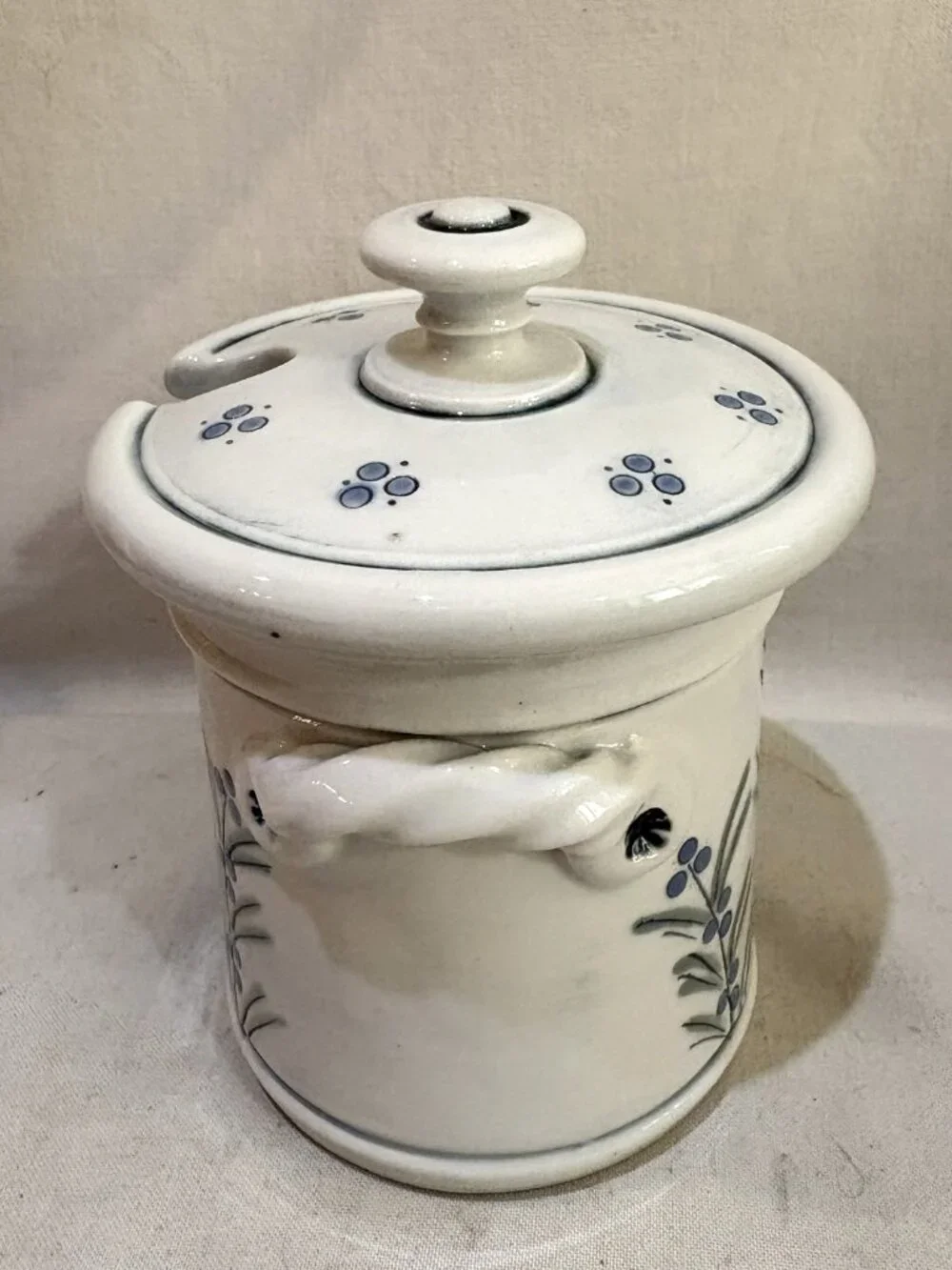 Hand Crafted Pottery Lidded Jam Condiment Jar Hand Painted Blue Berry Stamped
